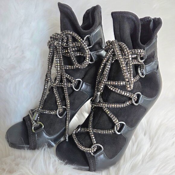 STEVE MADDEN Seductive Strappy Rhinestone Lace-Up Dress Leather Booties Size 7 - Picture 6 of 16